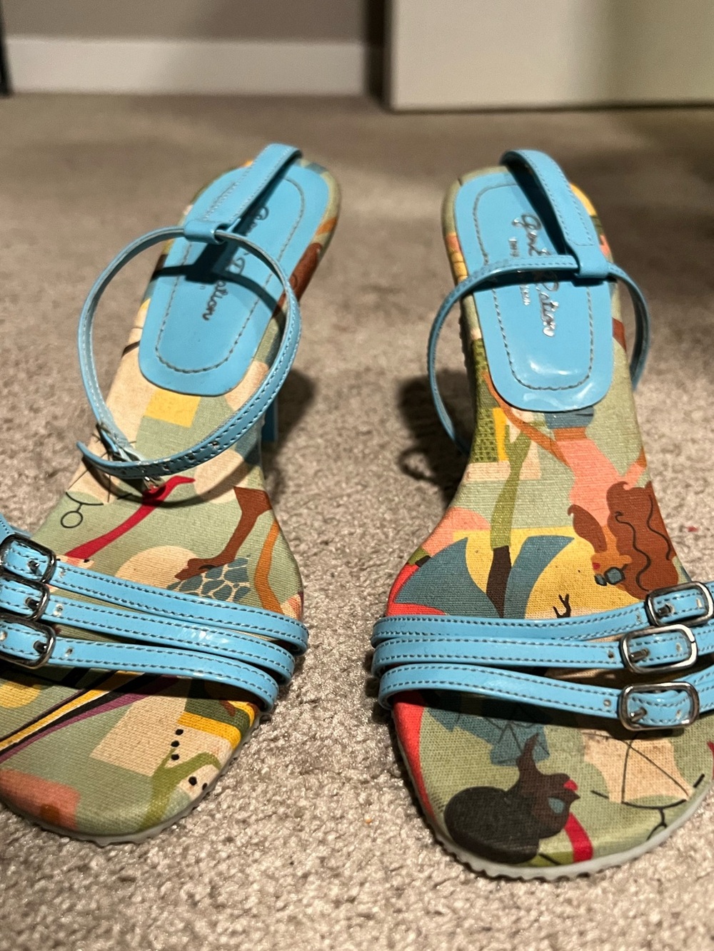 Baby blue Strappy Sandals with Colorful Printed Footbed